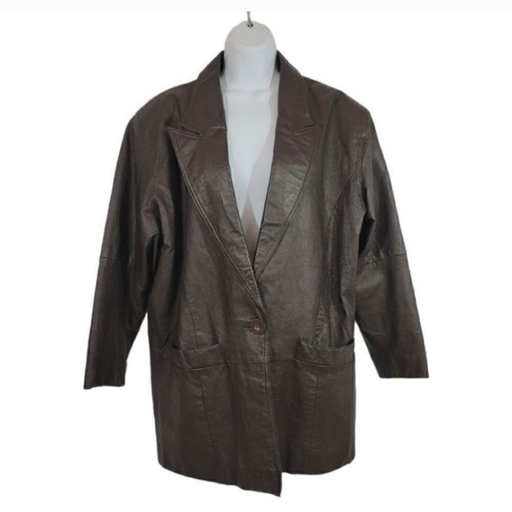 Vintage 80's Atlantic Beach Leather Trench Coat in Dark Chocolate Brown Large - Picture 2 of 10